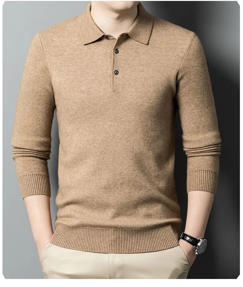 

100% Wool Lapel Thickened Wool Sweater Autumn and Winter Lead Sweater Men's Polo Knitted Long Sleeves