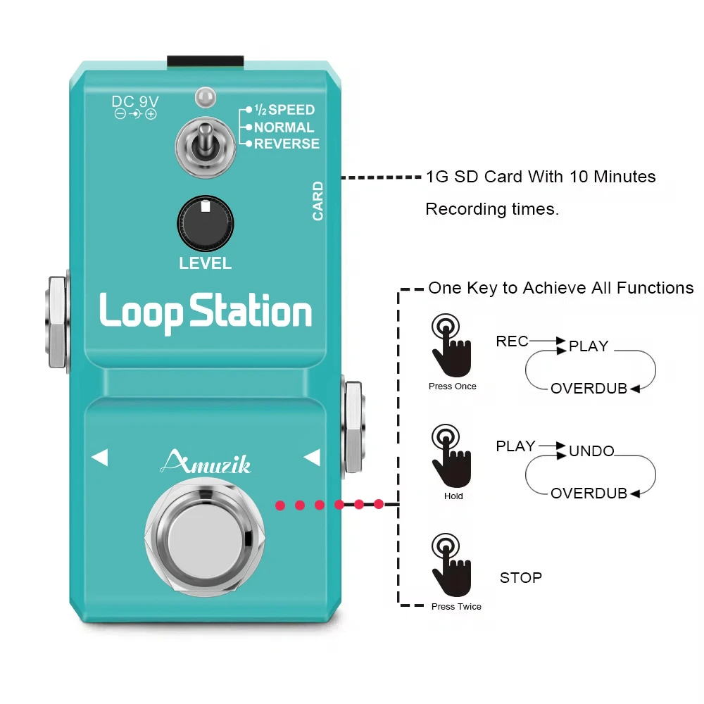 Amuzik Guitar Bass Keyboard Rhythm Looper Pedal Effect Loop Station Unlimited Overdubs 10 Minutes Recording Free 1GB SD Card