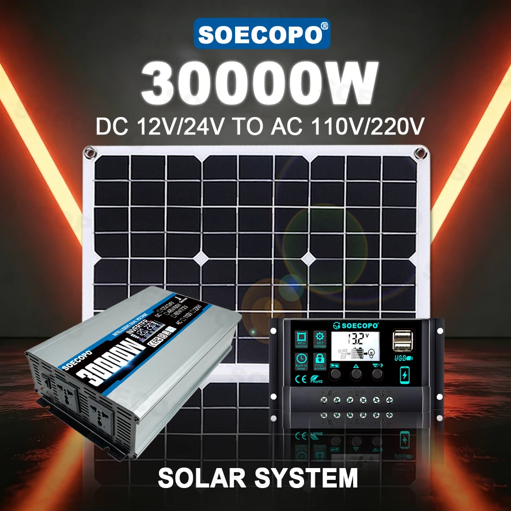Солнечная энергосистема SOECOPO Power Bank 30000W с инвертором 500W (2 розетки) и контроллером 100A для вечеринок, коттеджей, проживания и радиоаппаратуры