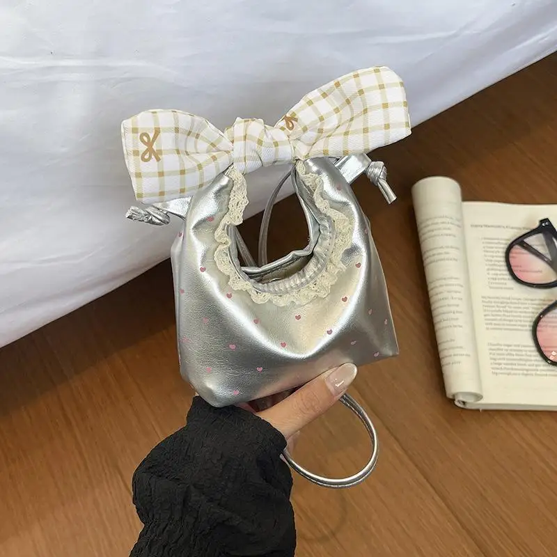 Mini Tote Bag Creamy White Heart Print Faux Leather Plaid Bow Lace Trim for Women Casual Party Birthday Gift
