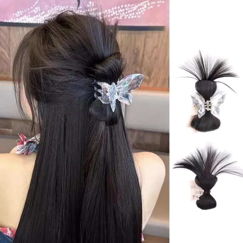 Women Synthetic Fake Hair Extension Straight Bun with Claw Updo Chicken feather shuttlecock head Hairpiece Chignons Hair Claw