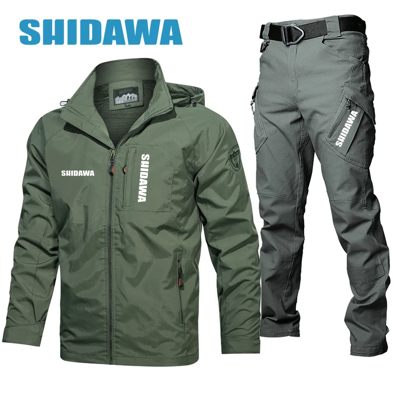 SHIDAWA Men Thin Fishing Suit Spring Autumn Fishing Clothes Outdoor Sports Hooded Hiking Fishing Jacket Waterproof Fishing Pants