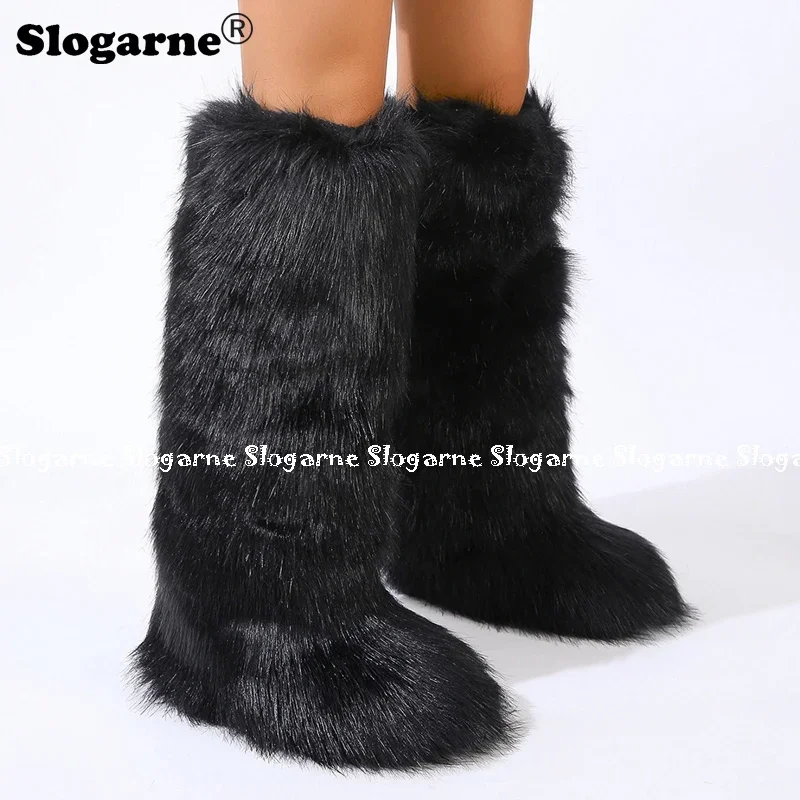 2024 Girls Winter Thigh High Fluffy Boots Ladies Furry Faux Fox Fur Long Warm Shoes Women New Designer Plush Knee High Fur Boots