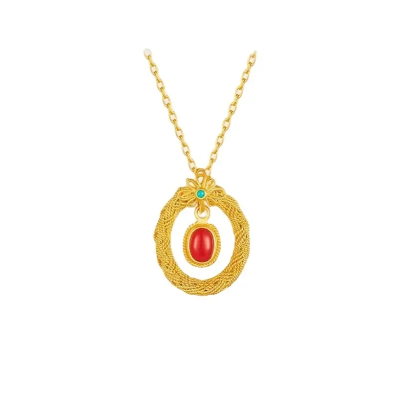 Collana Fengyi elegante da donna retrò con pendente Fengyi con filamento antico in oro giallo 24 carati in vero oro 9999