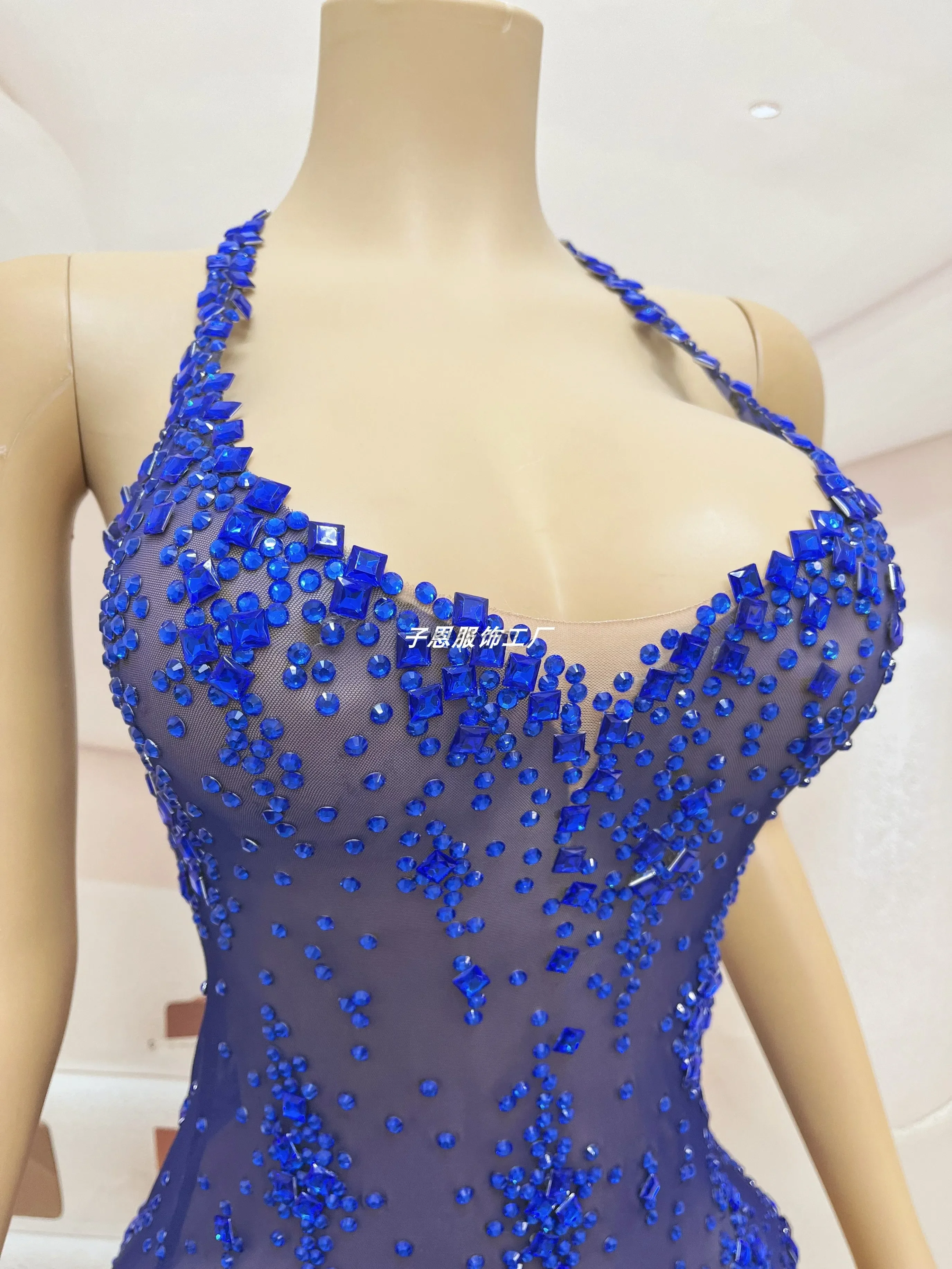 Crystal Bright Rhinestone Irregular Design Dress Cocktail Party Evening Performance Blue Dresses