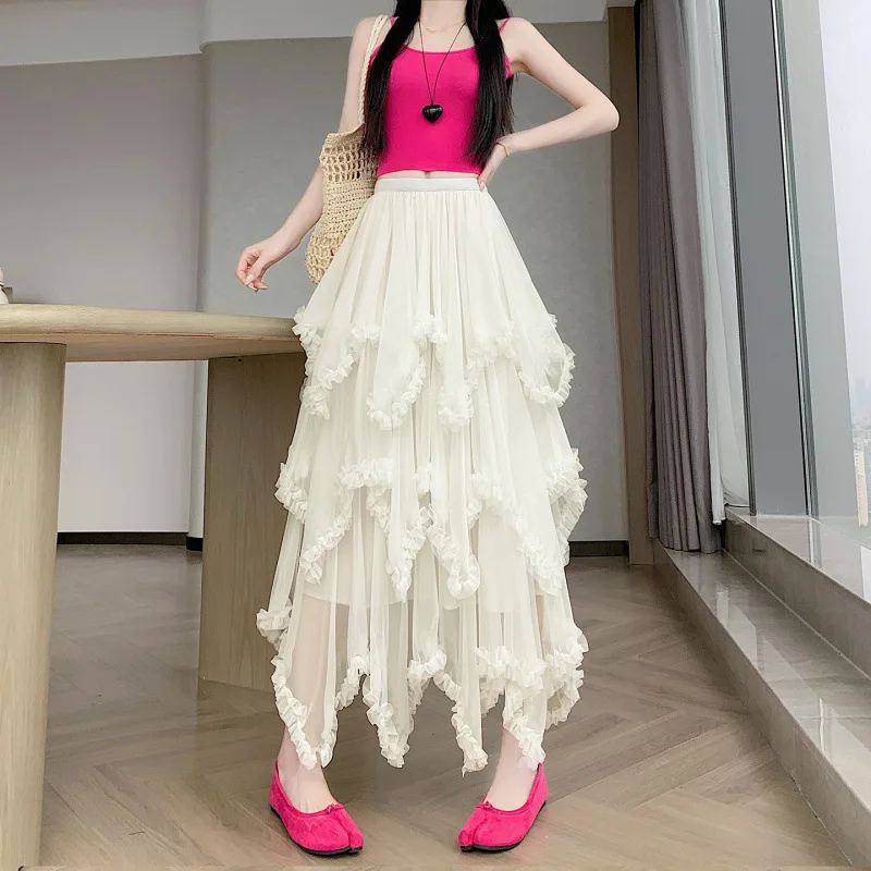 

2026 New Women's Cream Irregular Ruffle Tulle Maxi Skirt Elastic High Waist Tiered Mesh Sweet Flowy Asymmetrical Hem Long Skirts