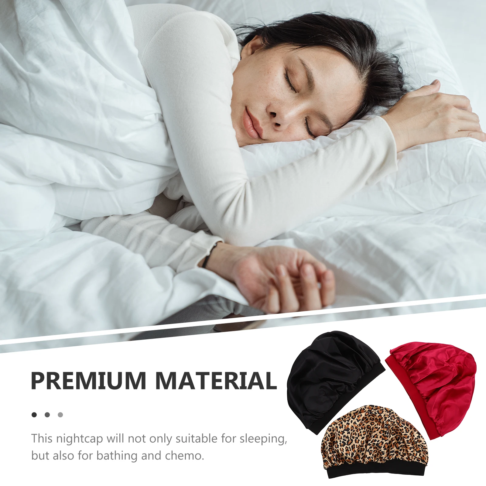 

3Pcs Satin Hair Bonnet Household Women Sleep Hat Wide Rim Elastic Cap Hair Care Bonnet Shower Cap Household Women Sleep Hat