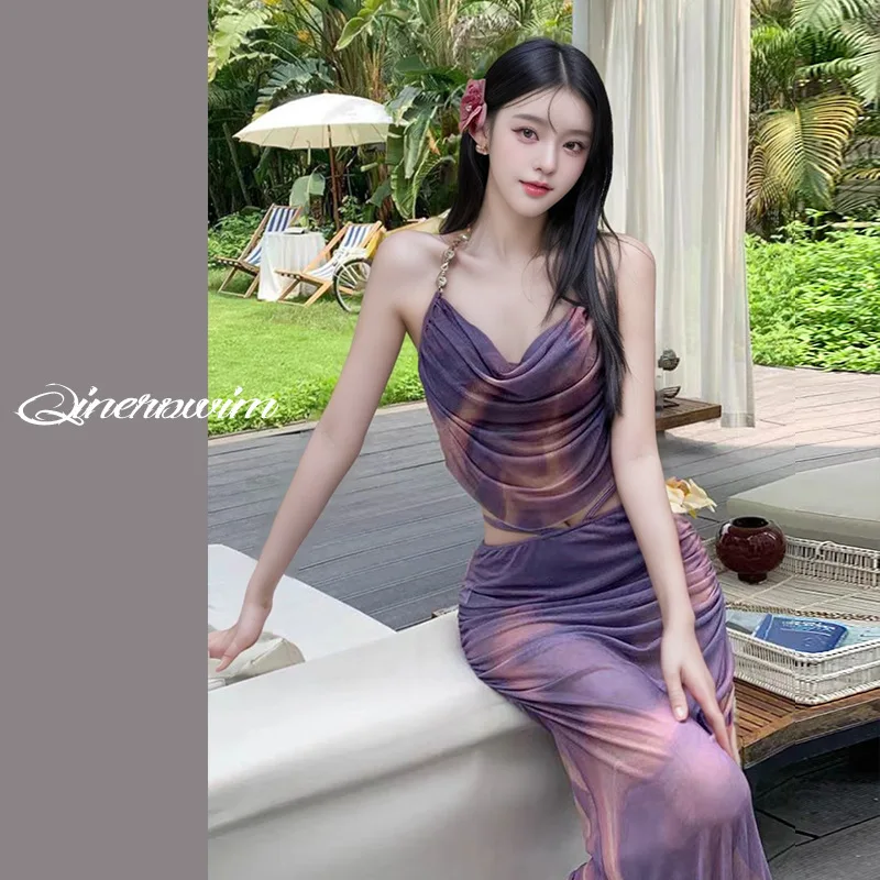 

Bikini Swimsuit Three-piece Long Skirt Fashionable Tie-dye Sexy Slim Fit Steel Support Gathering Hot Spring