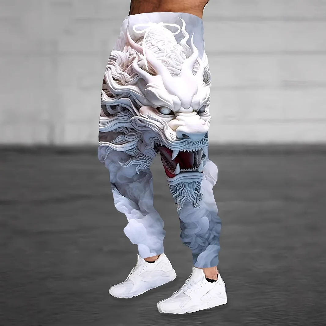 

Men's Casual Fashion 3D Digital Dragon Print Sweatpants Loose Pocket Drawstring Middle Waist Small Straight Feet Pants
