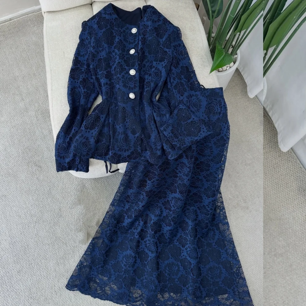 Maßgeschneidertes zweiteiliges Abendkleid für Bankette, Spitze, O-Ausschnitt, A-Linie, Falten, lange Kleider, elegantes Partykleid, hohe Qualität