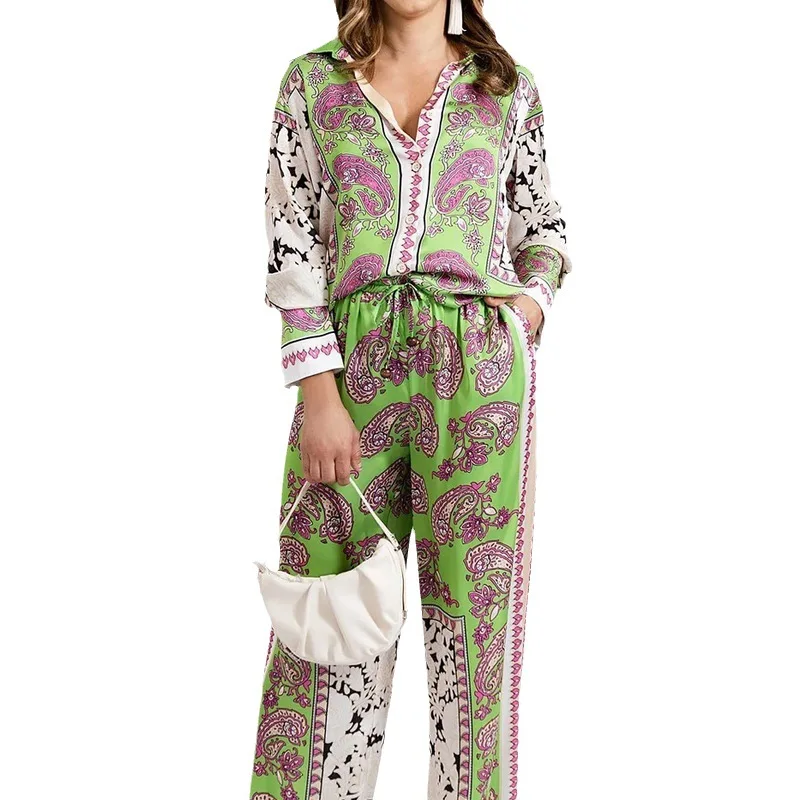 Two Piece Sets Women Pants Set Print Floral Casual Turn Down Collar Full Sleeve Tops Wide Leg Long Pants Lace Up Elastic Waist