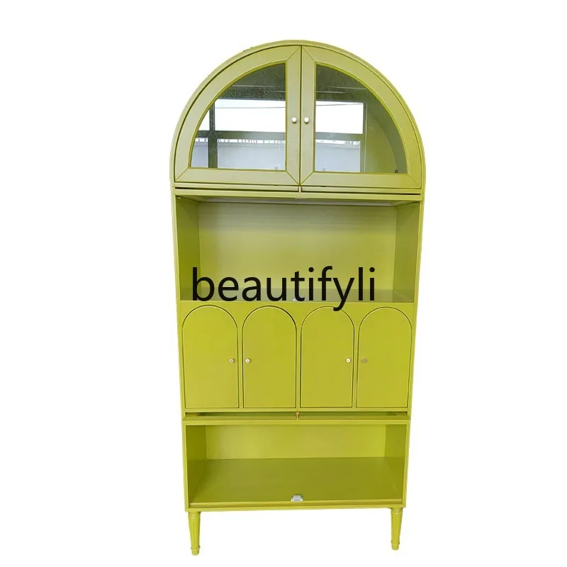 American Style Solid Wood Bookshelf Light Luxury Floor Wine Cabinet Sideboard Vintage Arched Decorative Cabinet