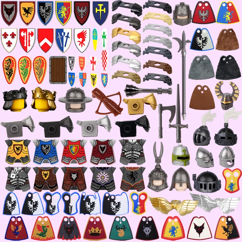 Castillo militar Medieval, armadura de caballeros, bloques de construcción, armadura de hombro, accesorios de armadura, León rojo, águila negra, arma, juguetes de ladrillos