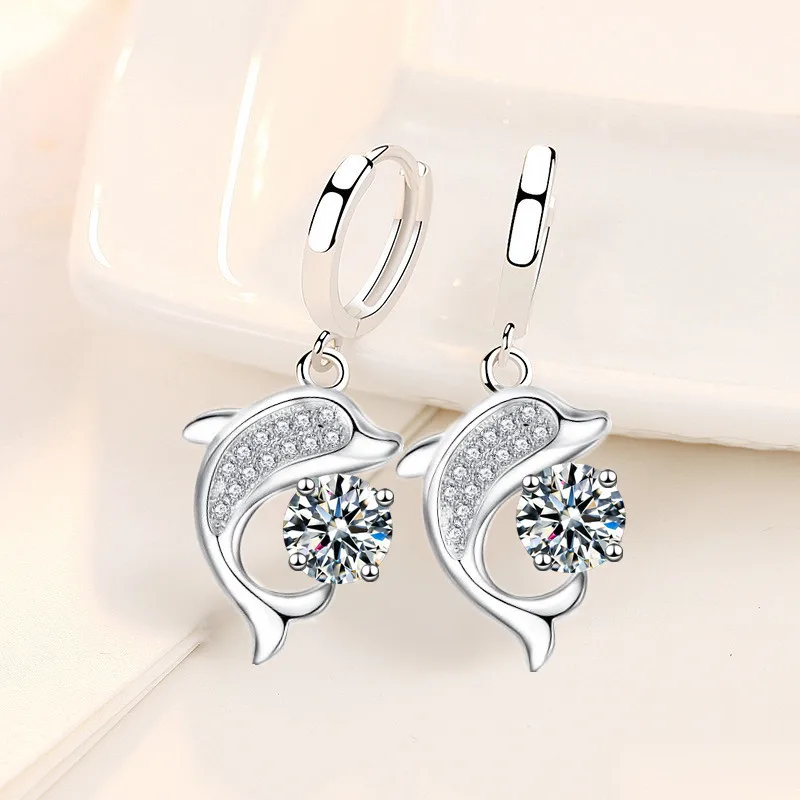 Cute Dolphin Drop Earrings For Women Tiny Huggie With Cubic Zircon Pendant Female Romantic Dangle Earring Jewelry Accessory Gift