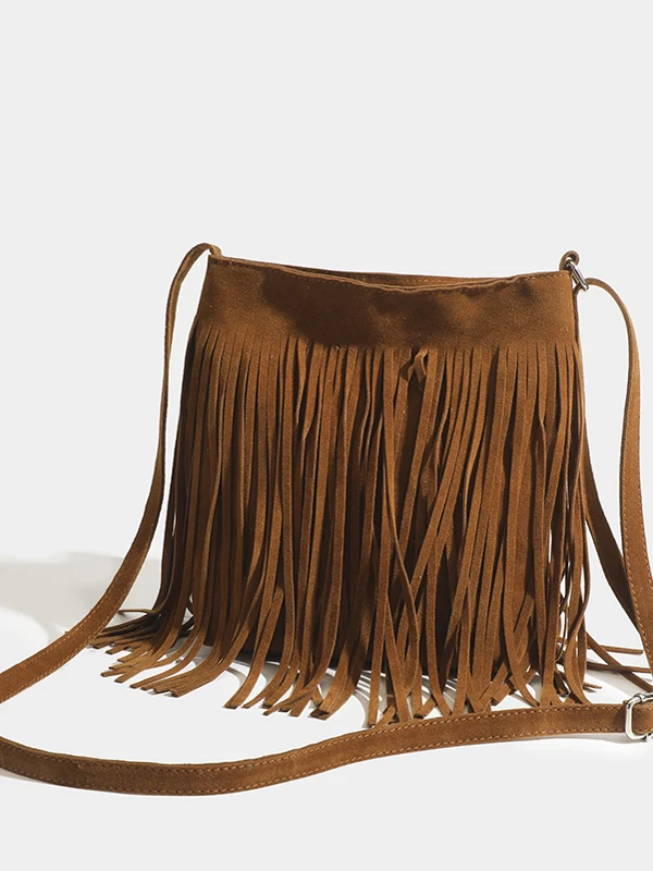 

Tassel Design Suede Leather Crossbody Phone Bag for Women Vintage Hong Kong Sle Small Square Bag Single oulder Bag