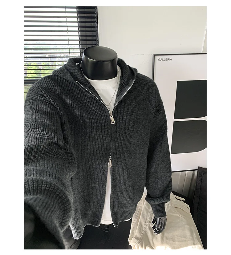 2026 New Autumn Winter Simple Solid Color Knitted Hoodie Men Japan Korean Fashion Casual Loose Double Zipper Hooded Jacket