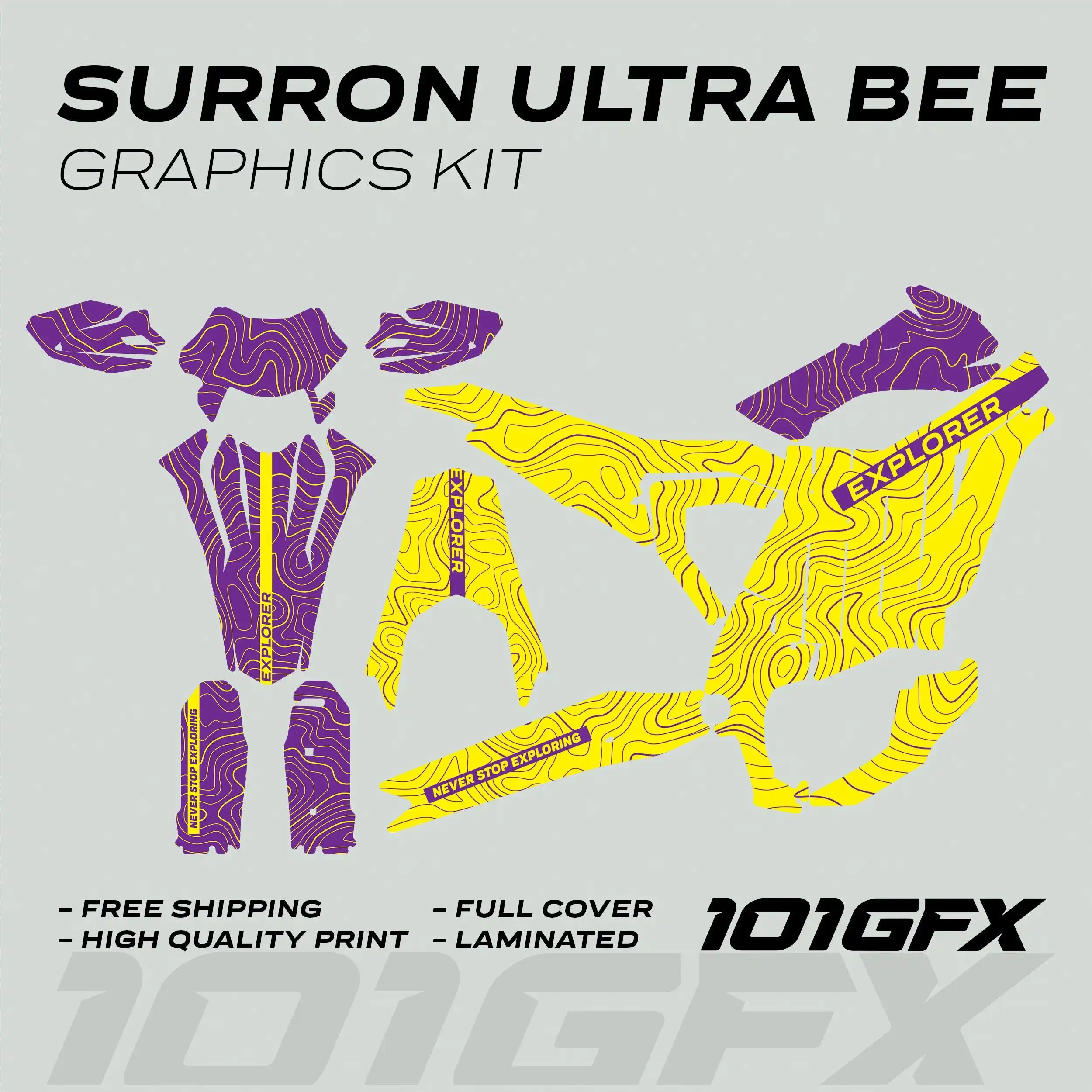 Graphics Kit EXPLORER YELLOW PURPLE Altitude Decals Stickers Laminated eBike Decals Wrap Protection For Surron Ultra Bee