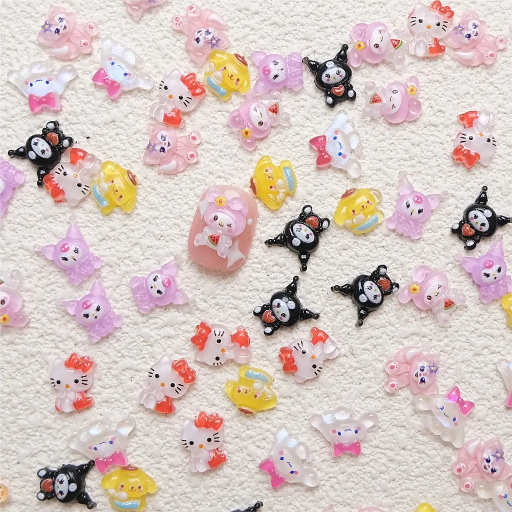 50pcs Kawaii Hello Kitty Nail Charms Rhinestones Kuromi My Melodys Jewelry Resin Fingernails Phone Case/Hair Clip DIY Decoration