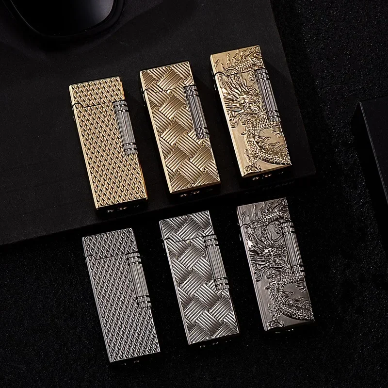 

Grinding Wheel Side Slide Tilt Flame Butane Gas Lighter High Quality Metal Embossed Open Flame Lighters Cigarette Accessories