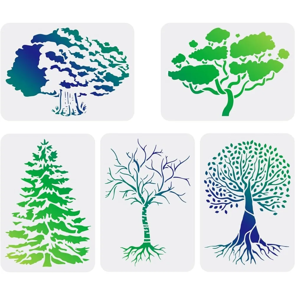 

5pcs Reusable Tree Stencils, 11.7x8.3 inch Pine/Cypress Tree/Aspen Trees/Life Tree Stencils, Plastic Tree Drawing Stencils