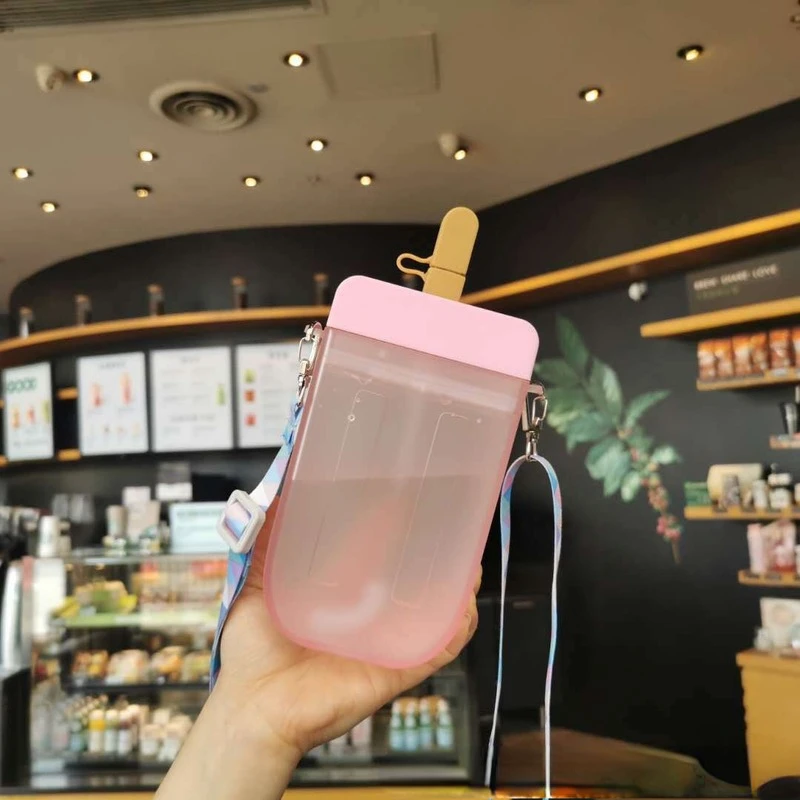 Cute Popsicle Water Bottle Straw Cup With Rope Outdoor Water Cup Transparent Matte Juice Drinking Cup For Adult Children