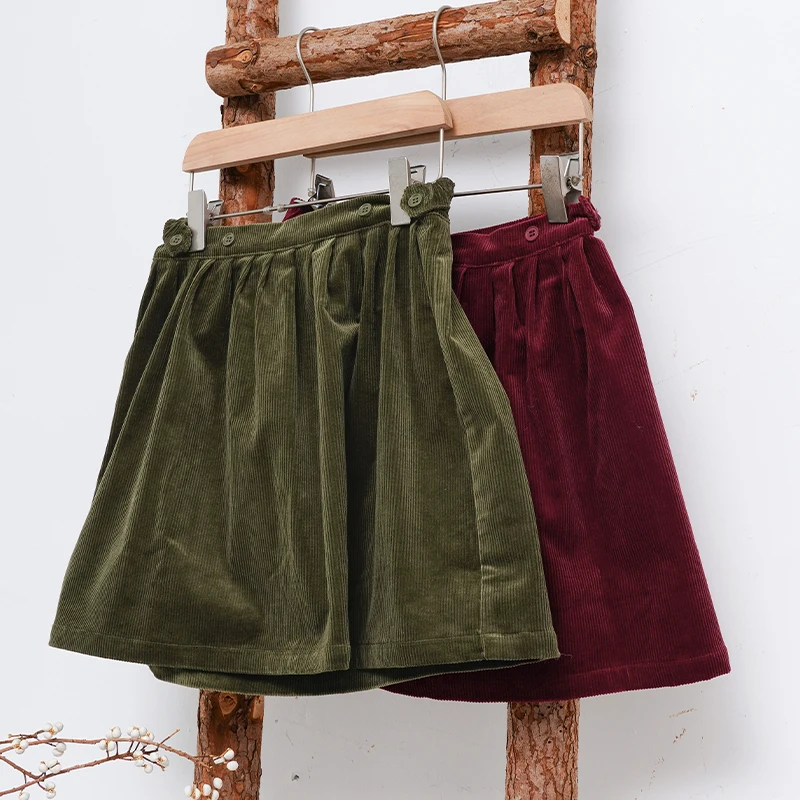 

Retro Corduroy High-Waisted Mini Skirt Girls 2025 Spring New Adjustable Buttons Elastic Waist Loose Children's Skirts 여아 겨울옷