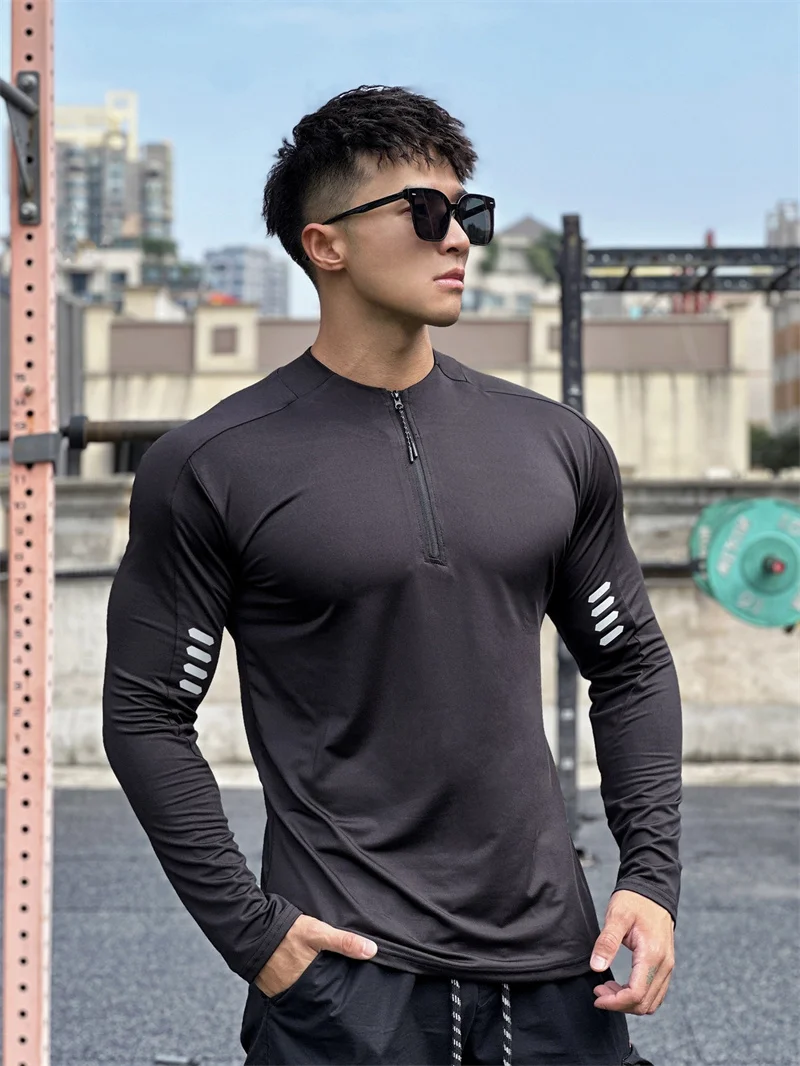 2023 Men's Fitness Short Sleeve Men's Basketball Training Clothes Versatile Loose Half Sleeve Sports Zipper Long Sleeve T-shirt