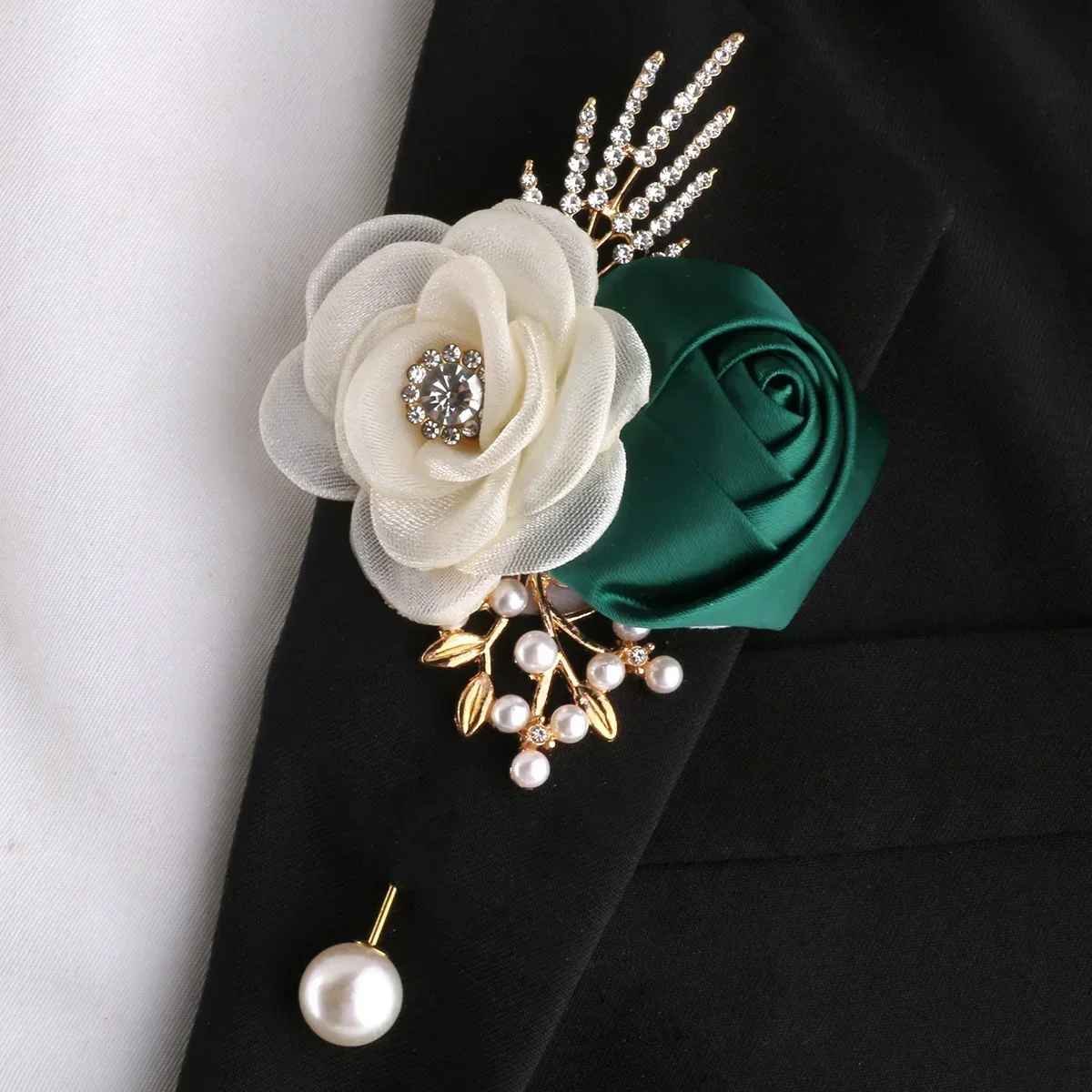 Dark Green Gold Leaf Groom Brooch Best Man Gold Leaf Rhinestone Corsage Pearl Simulation Camellia Flowers Wrist Flower Set