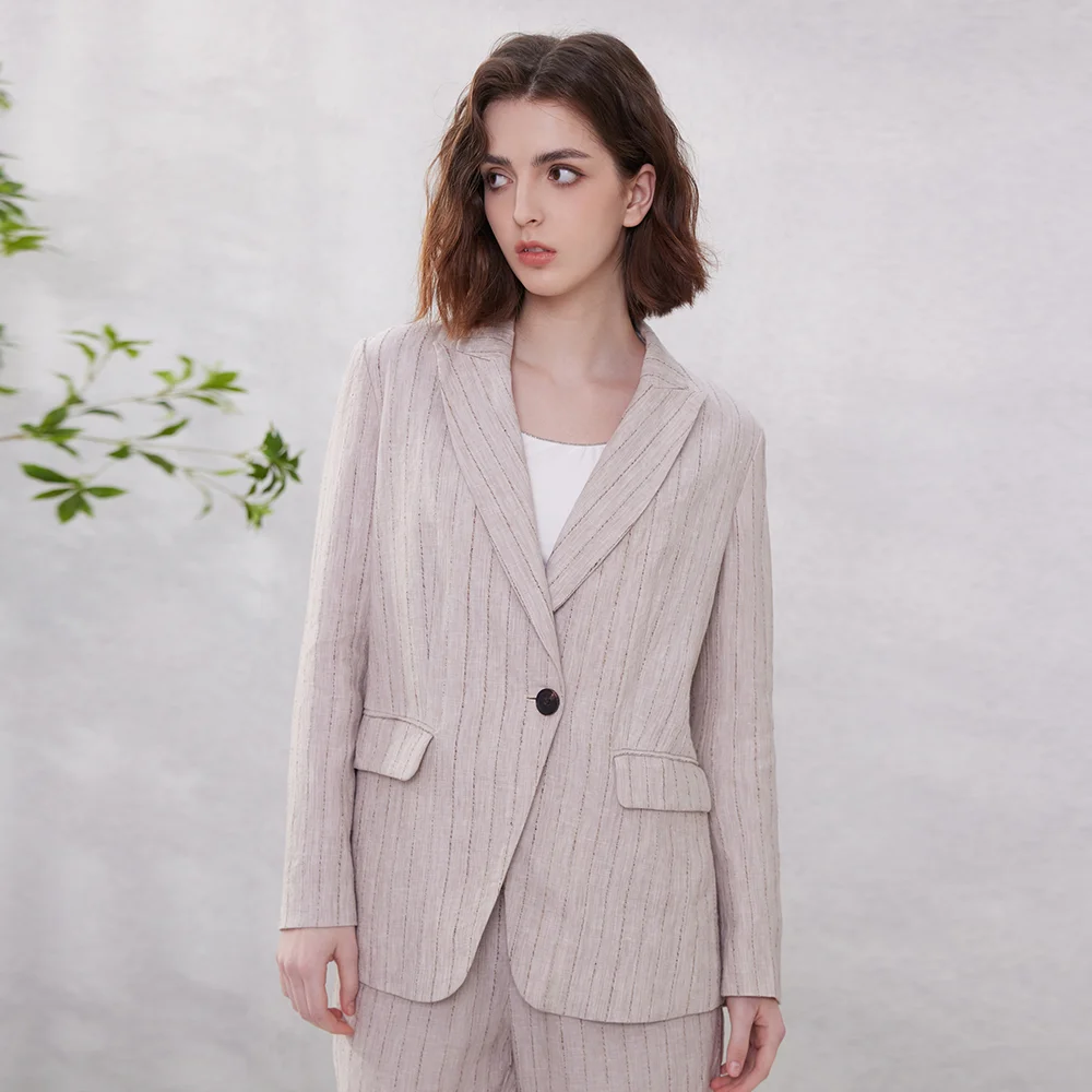 K2062X Luxury Brand Women's Clothing 100% Linen Ladies Office wear Stripe Suit Women's Formal Blazer Clothes