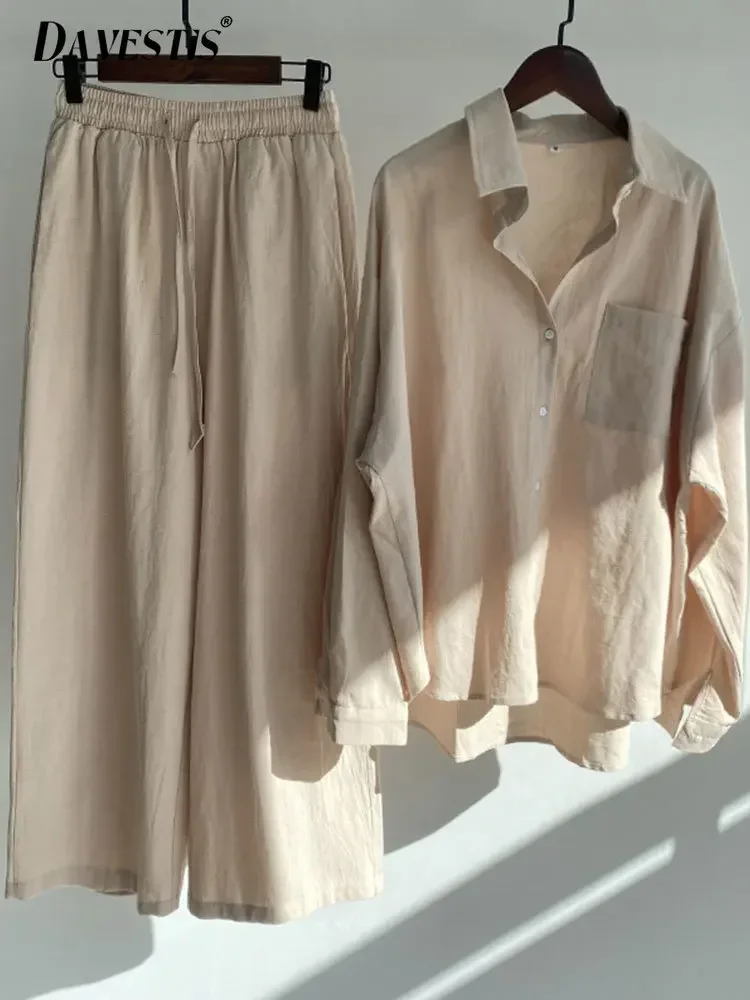 Conjunto de dos piezas de algodón y lino para mujer, camisa de manga larga con pantalones Retro, traje informal a la moda para primavera y verano, 2024