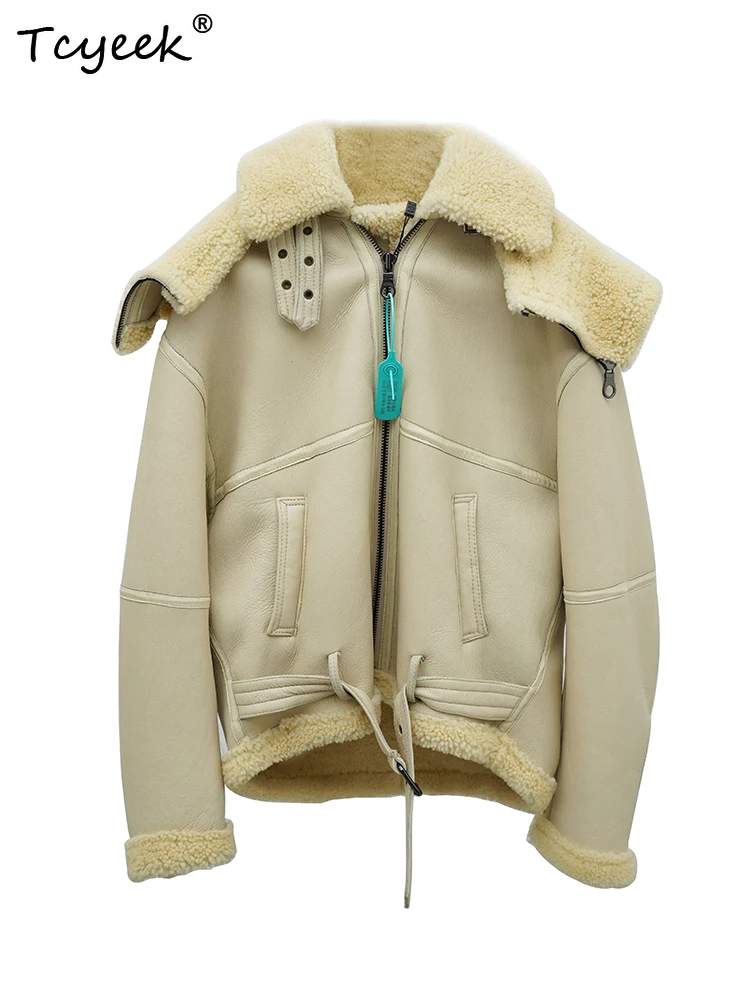 Tcyeek Genuine Wool Autumn Winter High End Trendy Hooded Silmming Stand Collar Women's Wool Shearling Fur Coat Fourrures Femme