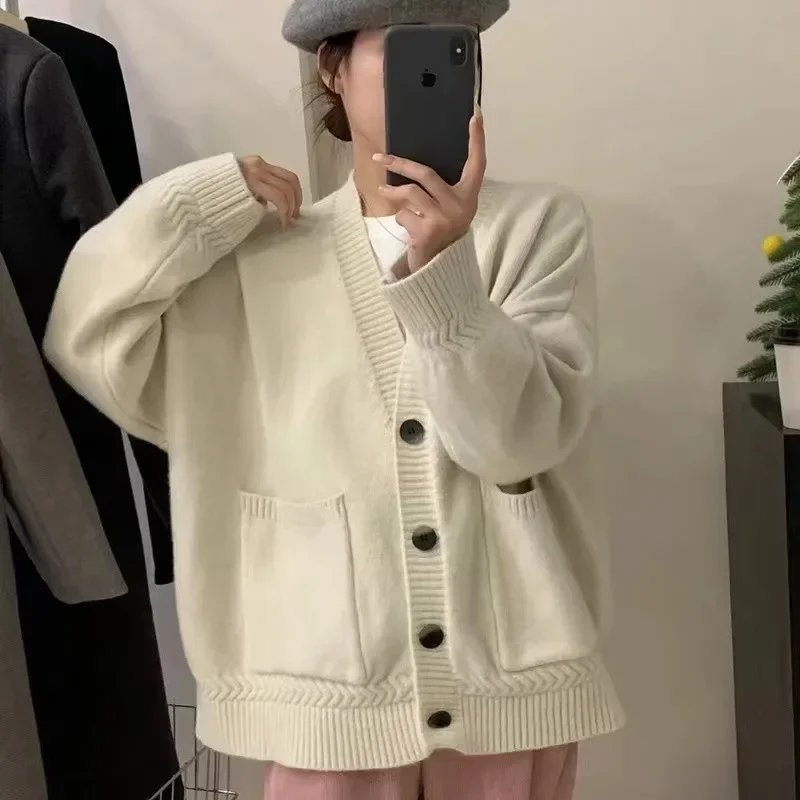 싱글 브레스티드, 단색, 레이지 윈드, 오픈 스티치 2025 여성용 빅 포켓 니트 가디건 스웨터, 숏 탑스, 브이넥