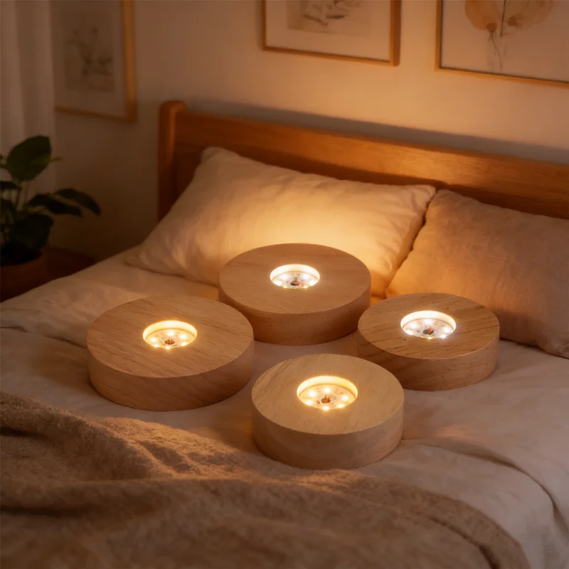 HUA HUA 1PC 8/10cm Wooden LED Light Display Base Battery Operated Stand Holder Night Lamp for Crystal Glass Art Ornament Display