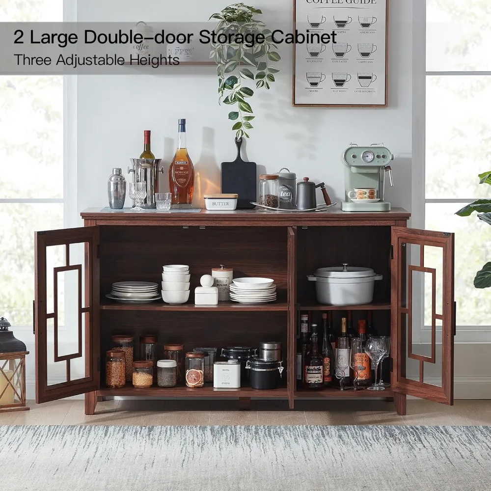 Großes Sideboard, Buffetschrank mit Stauraum, 55 Zoll Bauernhaus-Küche, Kaffee-Weinbar-Schrank mit 3 Glastüren, Holz aus der Mitte des Jahrhunderts
