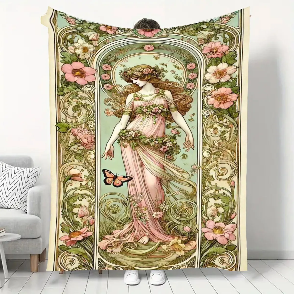 Vintage Floral Botanical Blanket Throw 150x200cm Cottagecore Art Nouveau Tapestry Queen Bed Decor