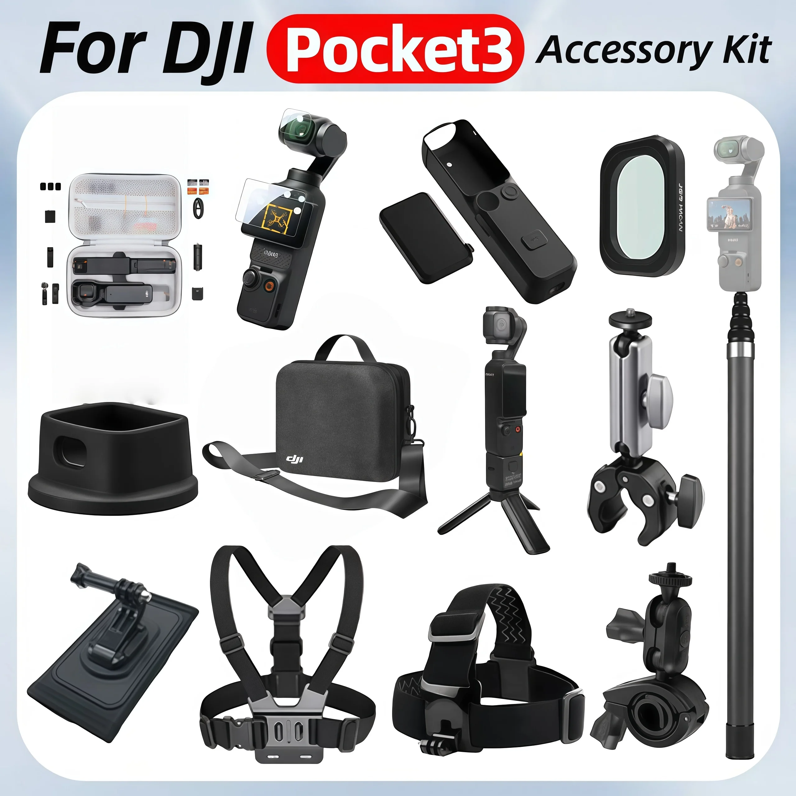 For DJI Osmo Pocket 3  Desktop Base Mount Selfie Stick Tripod Glass Screen Protector Suction Cup Chest Head Strap Backpack Clip