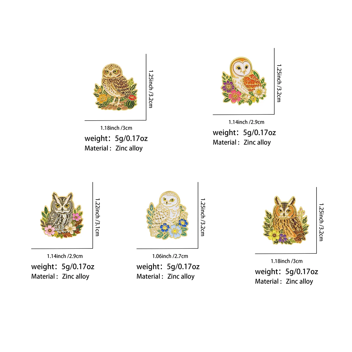 Lot de 5 épinglettes en émail motif hibou floral, adorable hibou sauvage avec fleur, badge de revers en alliage de zinc, broche pour sac à dos, vêtements, chapeau, bijoux, cadeau.