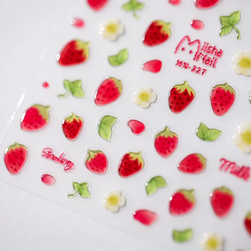 1pcs 5D Kawaii Jelly Strawberry Nail Art Stickers Cute Cartoon Fruit Nail Transfer Slider Decals DIY Nail Decoration Accessories