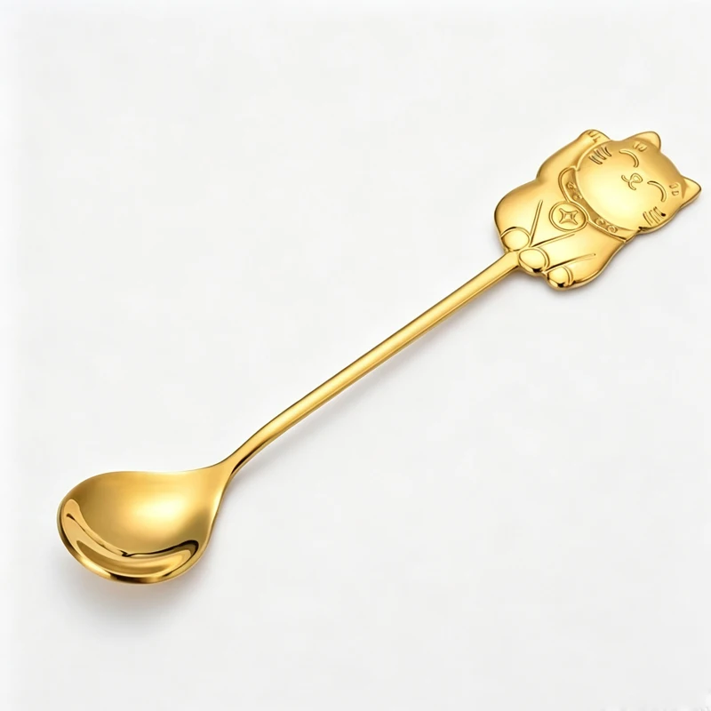1pcs lucky cat stainless steel coffee tea spoon, cartoon cat shape dessert spoon for home kitchen table decoration gifts.