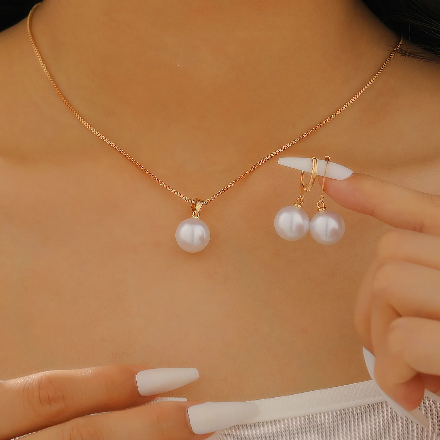 

Elegant Simulated Pearl Necklace Chain Pendant Earrings Wedding Bridal Jewelry Set Simple Chic Women's Accessories