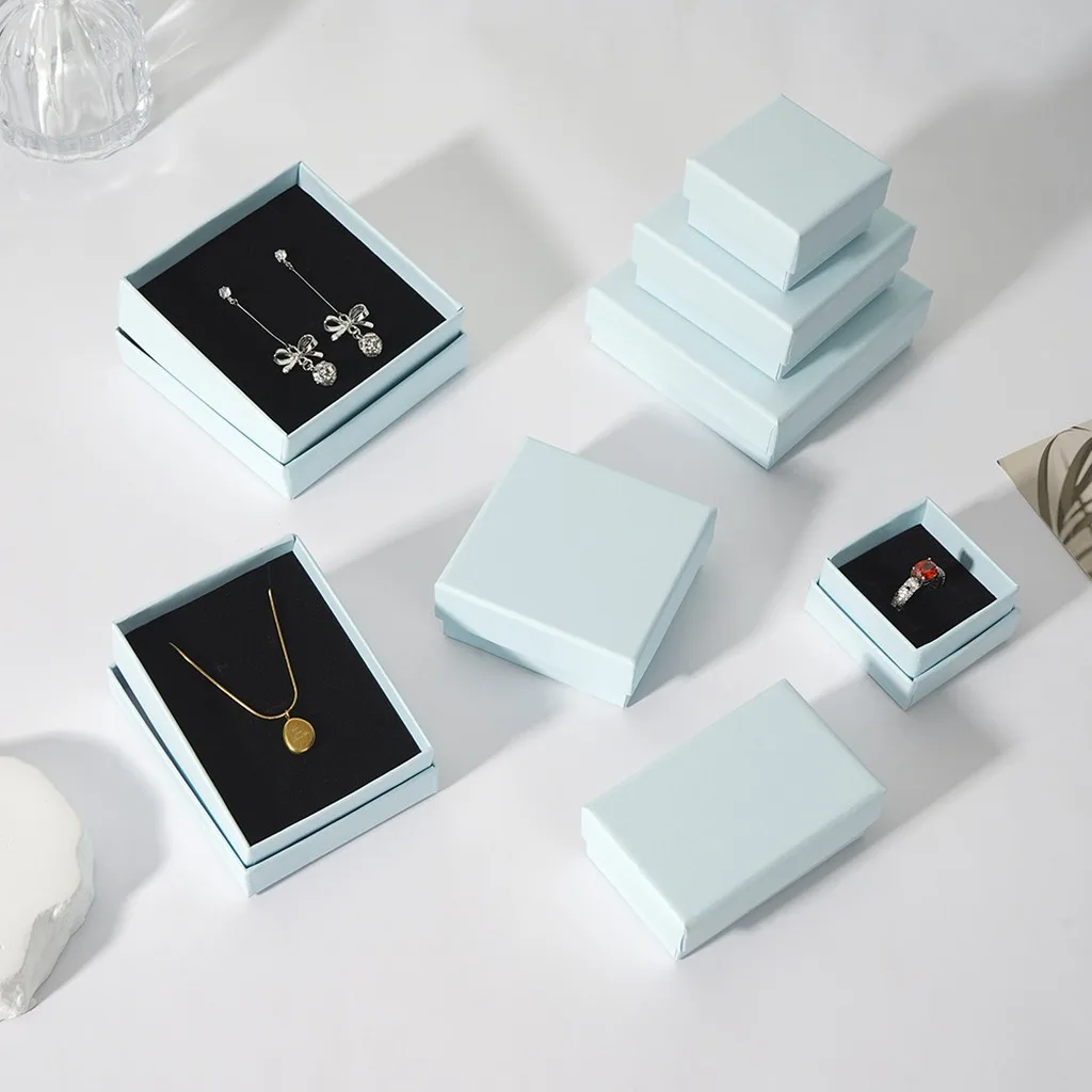 Simple Solid Color Cardboard Jewelry Packaging Box Blue Paper Gift Storage Case Display Box for Rings Earrings Necklaces