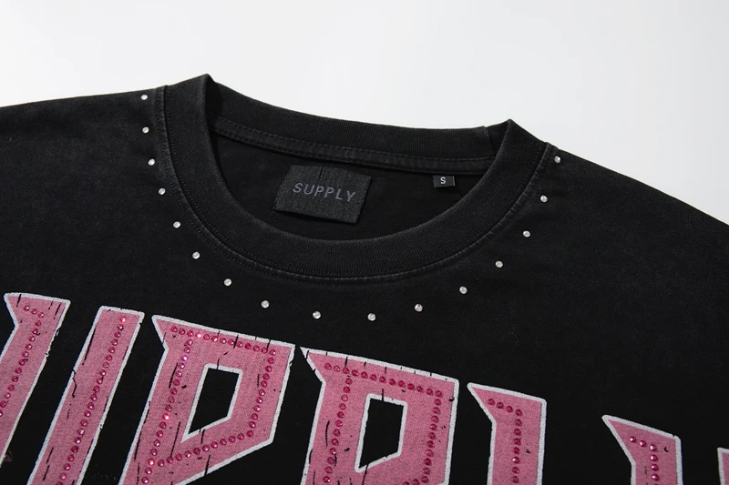 Hip-Hop Streetwear Lustiges Skelett-Grafik-T-Shirt für Männer Vintage Schwarz Gewaschenes Strass-Tee Übergroßes Baumwoll-Shirt im Used-Look – Detail 9