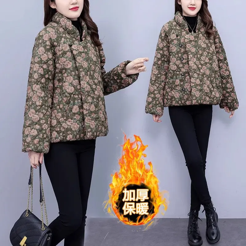 Winter Oversized Ethnic Style Cotton Linen Jacket Quilted Coats Thickened Floral Women Retro Loose Fitting Warm Outerwear Z3488