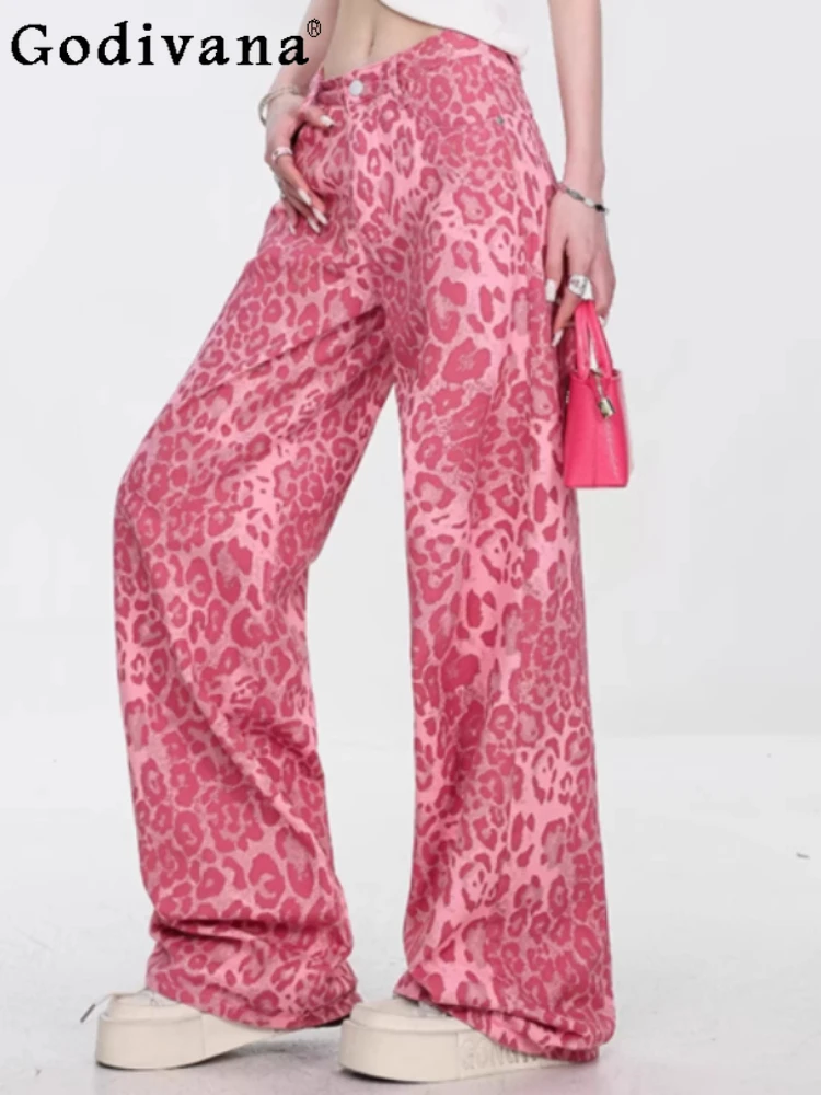 Spring Summer New Leopard Print Girl Thin Straight Loose Wide-leg Jeans Fashion Age-reducing Personality Street Elegant Trousers