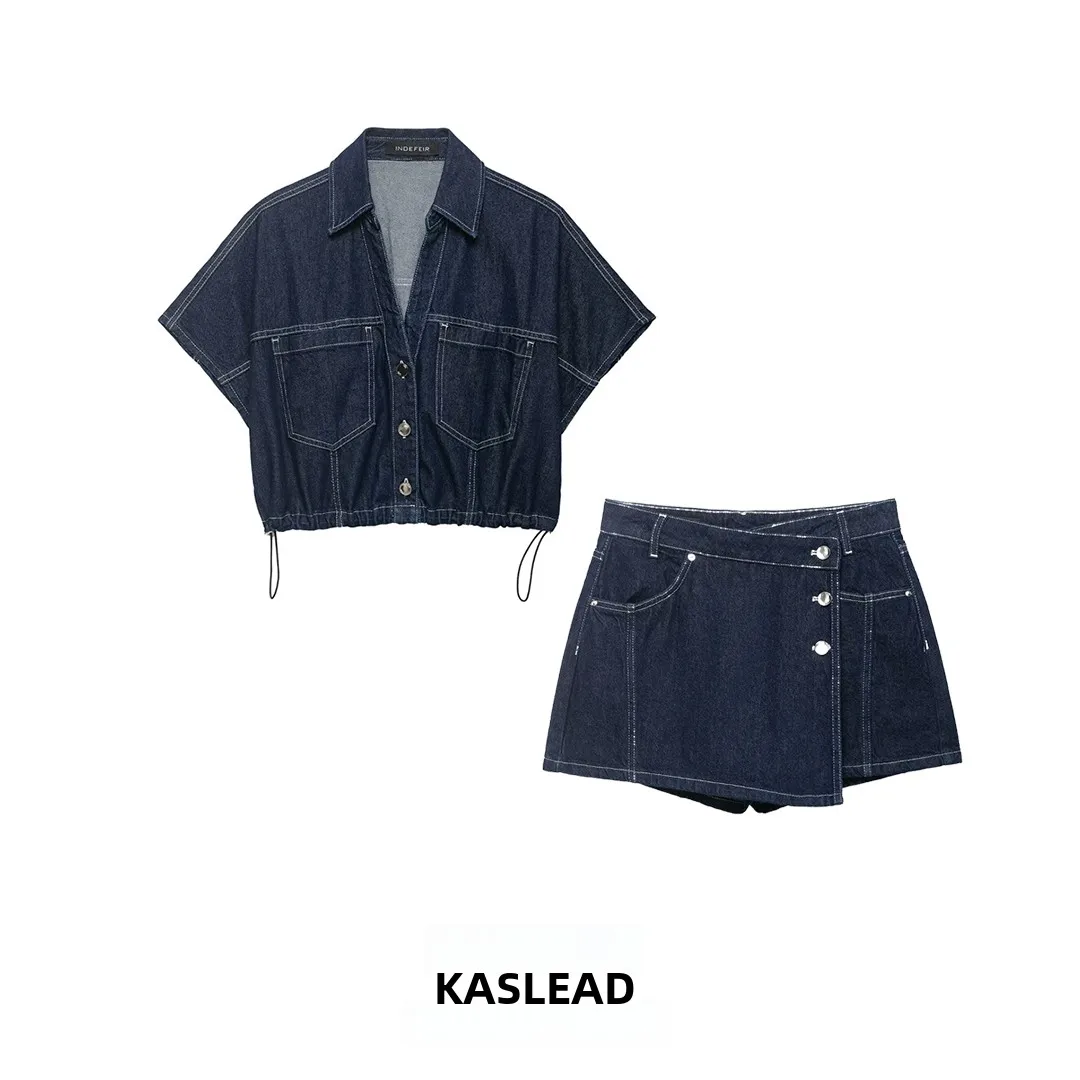 

KASLEAD Новый женский модный джинсовый комплект: рубашка и короткая юбка с высокой талией, короткий рукав, отложной воротник, весенний сезон, цветной