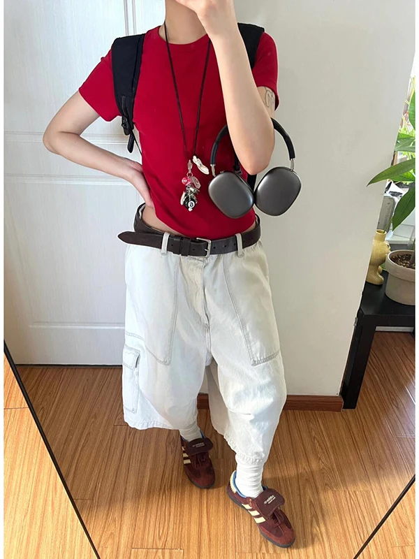 

American High Street Loose Women's Denim orts with Big kets Straight Leg Seven-Foot Pants Casual Versatile Hip Hop Retro