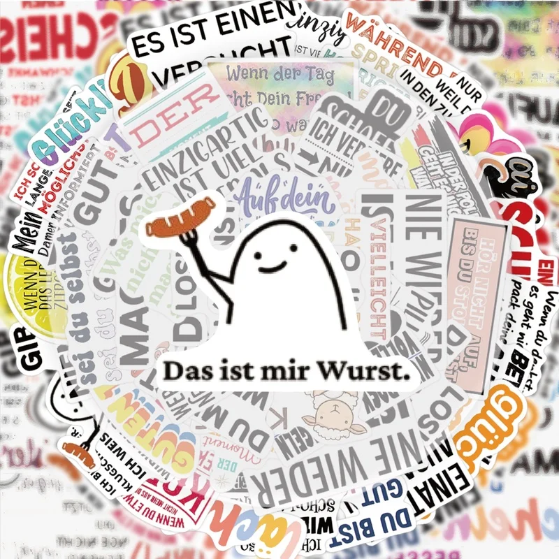 50 German Motivational Text Stickers, Vibrant Sticker Decals, Multiple Styles Without Duplication, Suitable for Water Bottles, Laptops, Suitcases, Skateboards, Guitars, Party Decorations