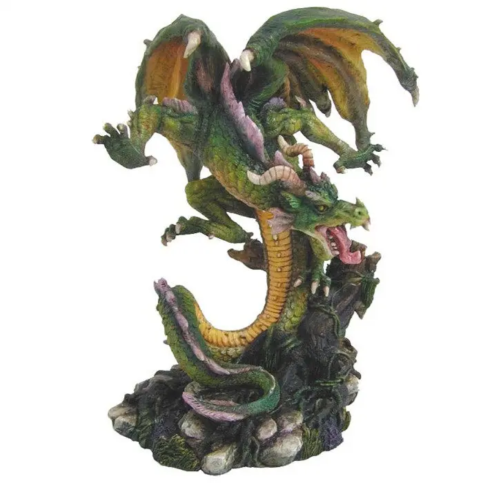 Green Forest Dragon Resin Figurine Fantasy Roaring Dragon Statue Twisted Rock Base Mythical Creature Desktop Ornament Home Decor