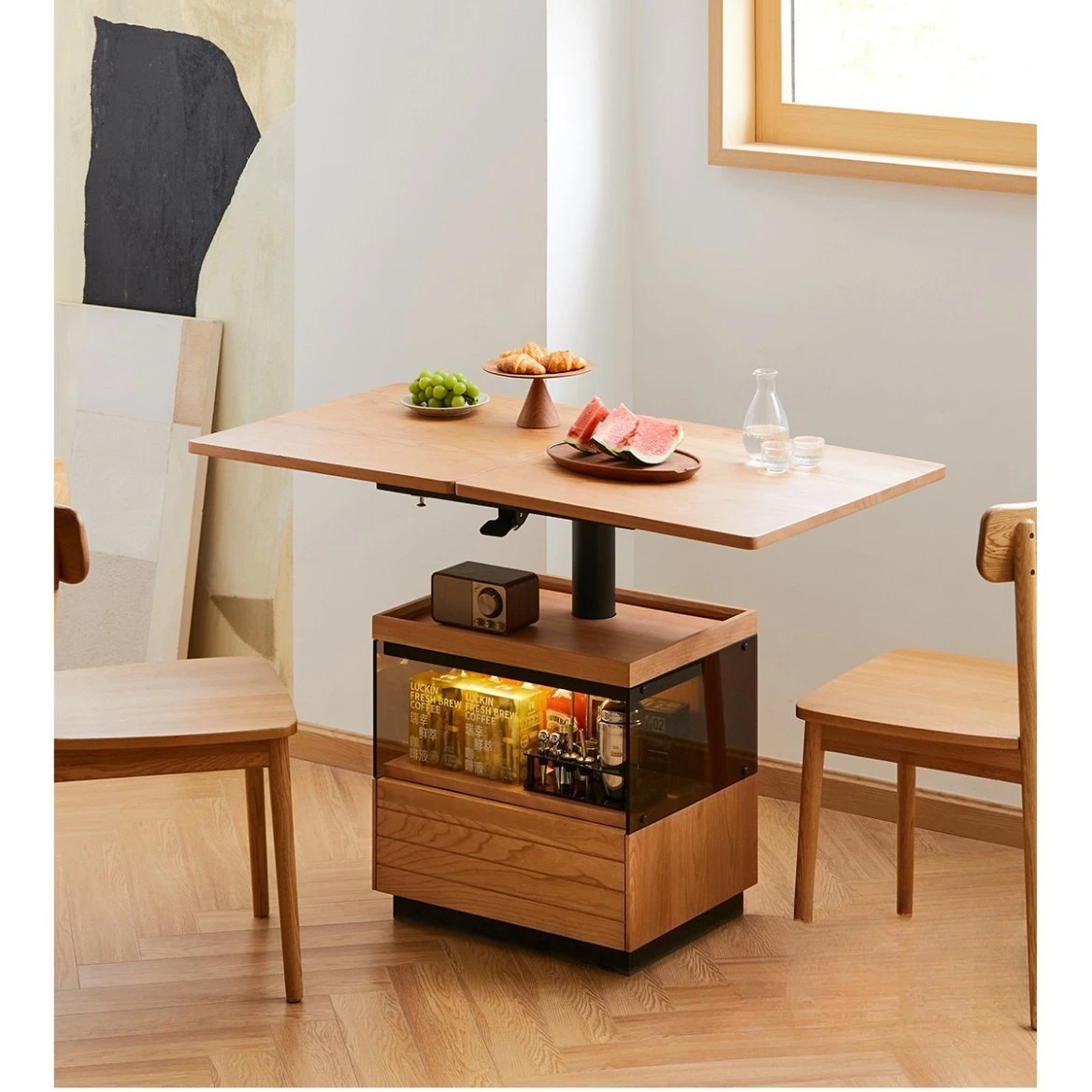

Solid wood lifting coffee table dining table dual-purpose cherry wood color small apartment living room folding and retractable
