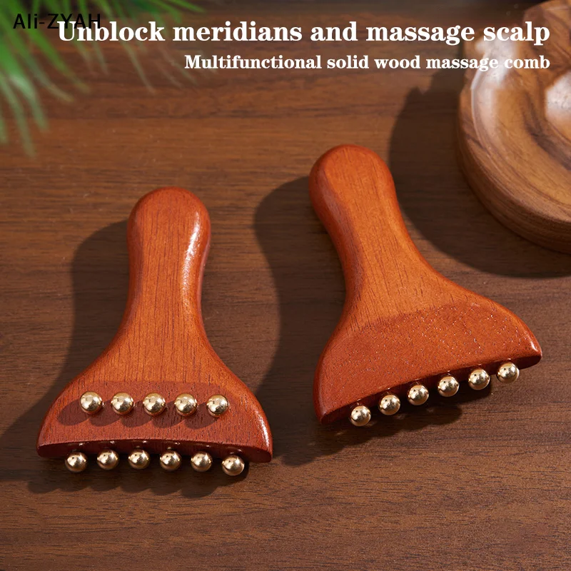 

Массажер для лица Гуаша для лимфодренажа и расслабления триггерных точек, деревянный с латунными золотыми бусинами, для лифтинга кожи